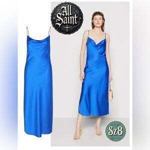 NWT AllSaints Hadley‎ Satin Slipdress sz US 8 Blue Drapy Cowl Neck Medium